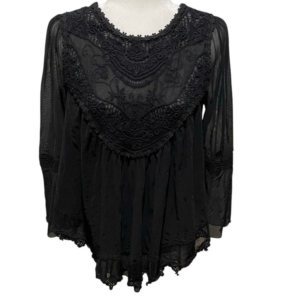 Indigo Thread Co. Black Mesh Lace Baby Doll Top Sz M Whimsigoth Fairygrunge